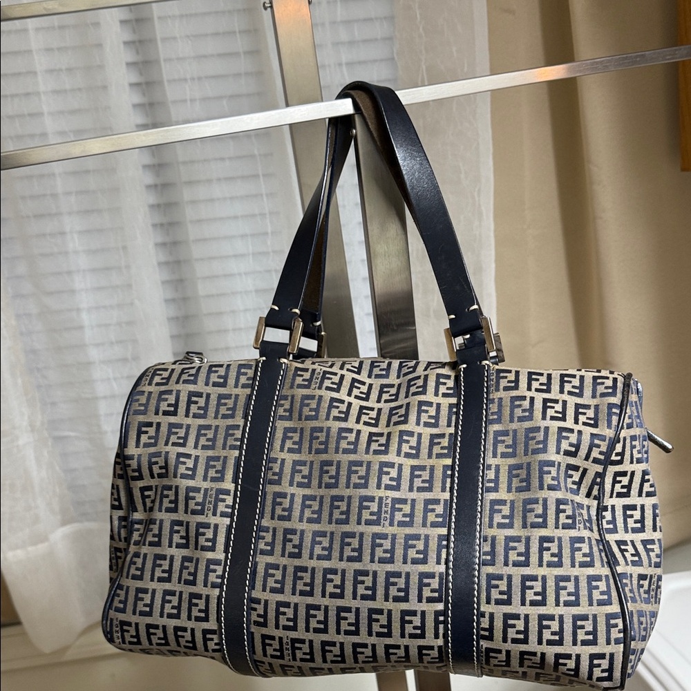 Authentic Fendi Monogram Blue and Tan Duffel Bag